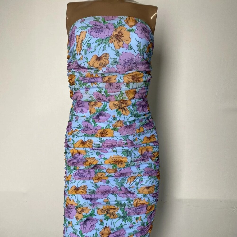 NEW VERONICA BEARD Floral Ruched Strapless Midi Dress • Size 0 • Blue